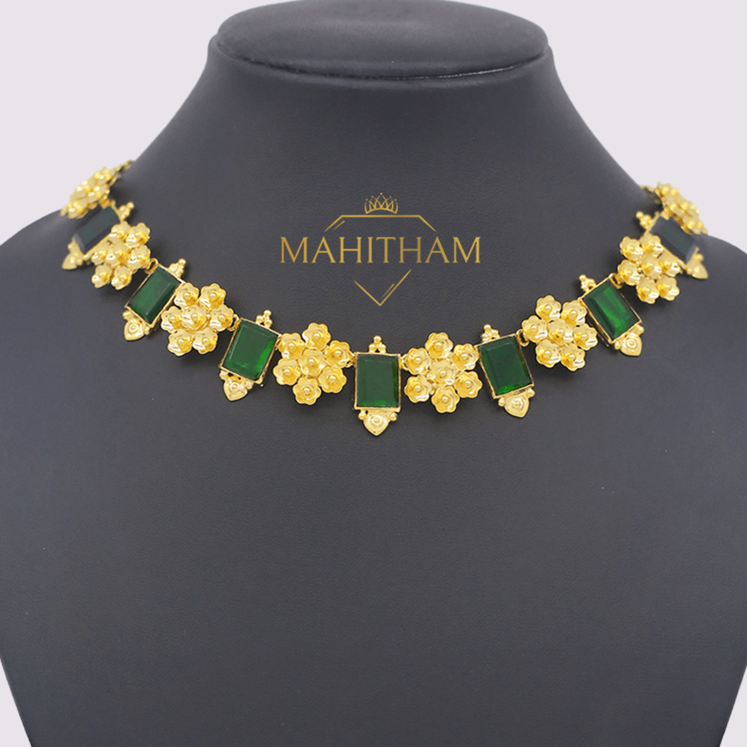 Green One Gram Gold Stone Flower Choker Necklace MG-1062 - Mahitham
